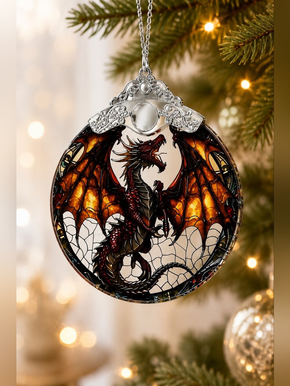 Flying Dragon Stained Glass Christmas Ornament Gothic Fantasy Tree Decor Gift